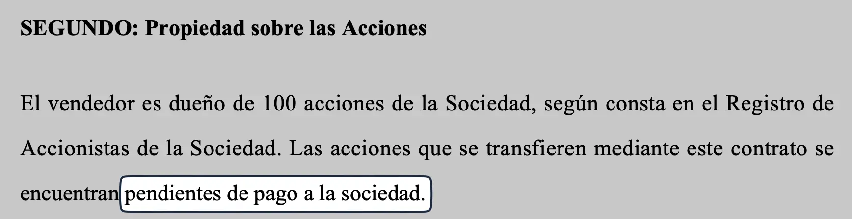 Documento de cesión mostrando acciones pendientes de pago