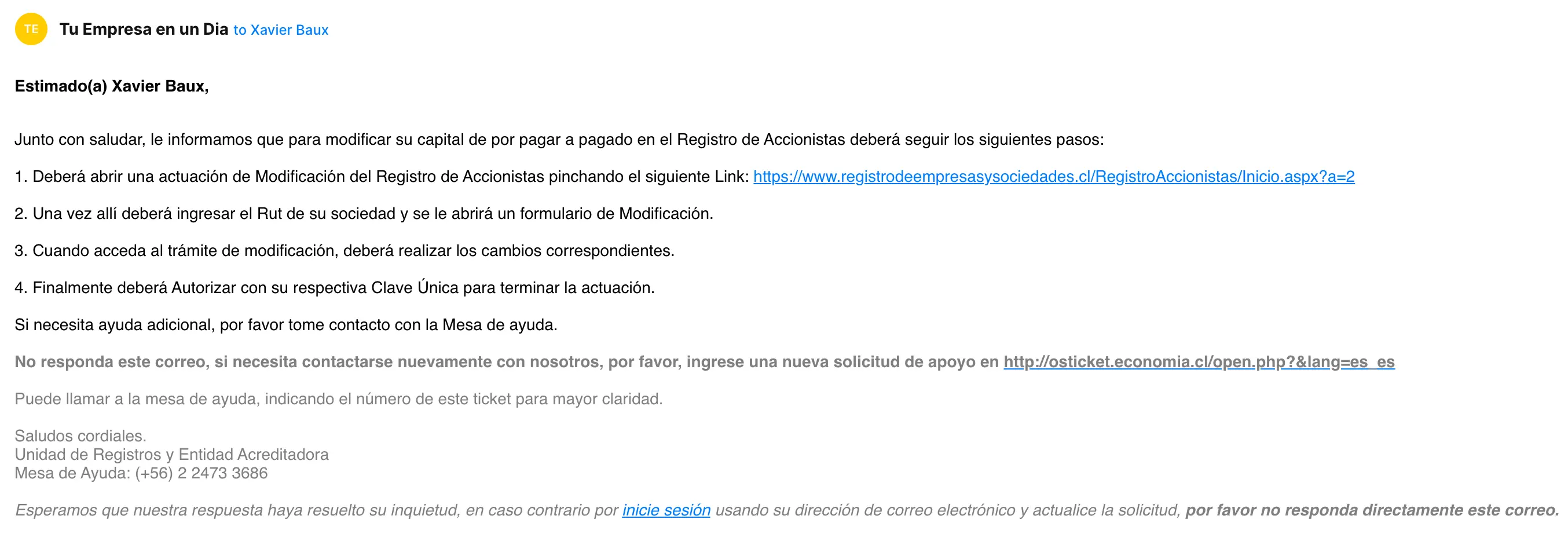 Email de respuesta con el link para modificar el Libro de Accionistas